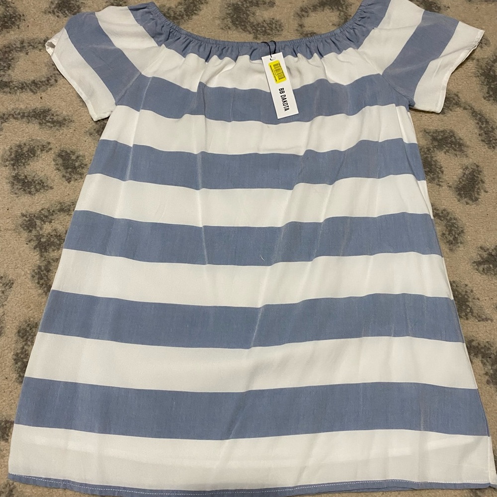 BB Dakota blue and white stipe off the shoulder dress
